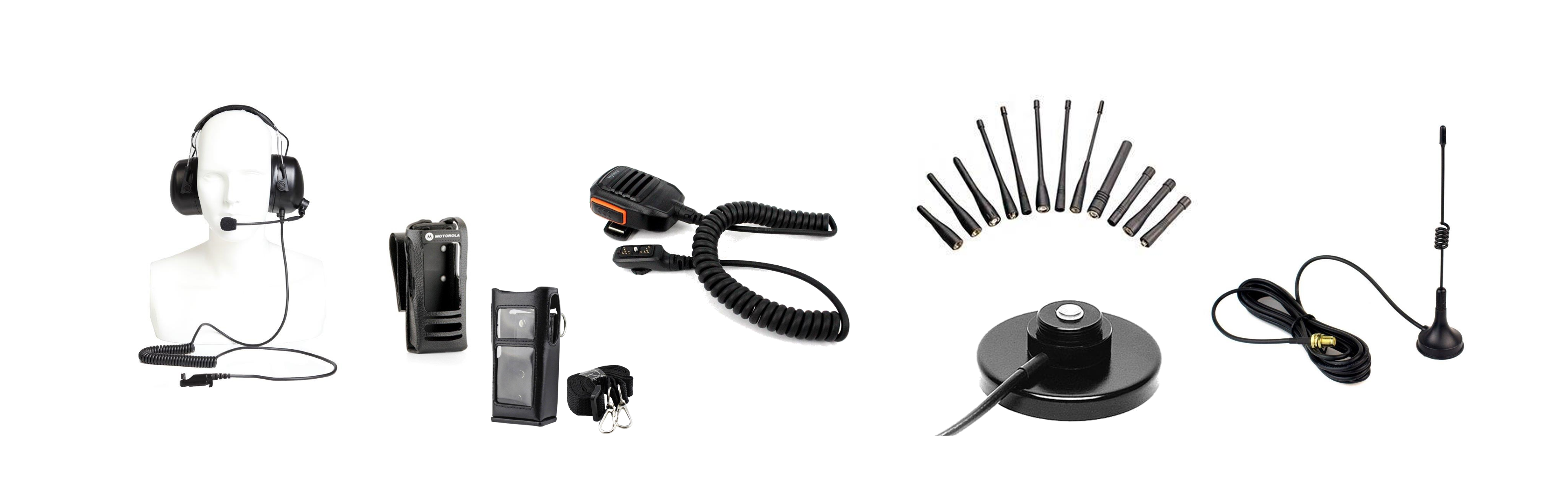 Two Way Radio Accessories including head sets, microphones, and antenna