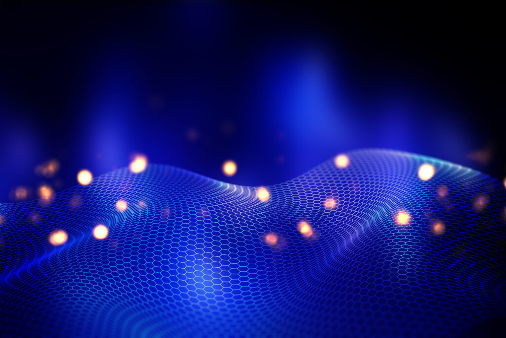 3D abstract background with flowing hexagonal grid design